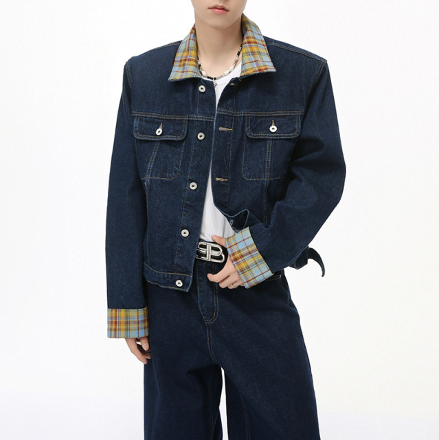 2024 men's fall new Hong Kong style retro plaid patchwork color contrast trend denim suit