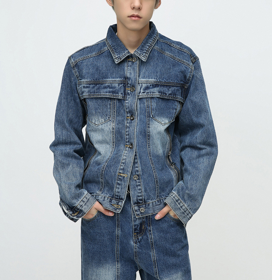 2024 autumn and winter new Korean version of loose wash zipper design denim suit men