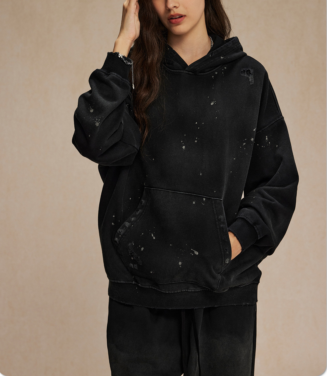 2024 autumn and winter new 450g spray dye splash-ink hole to do old hoodie men street fashion vintage couple hoodie