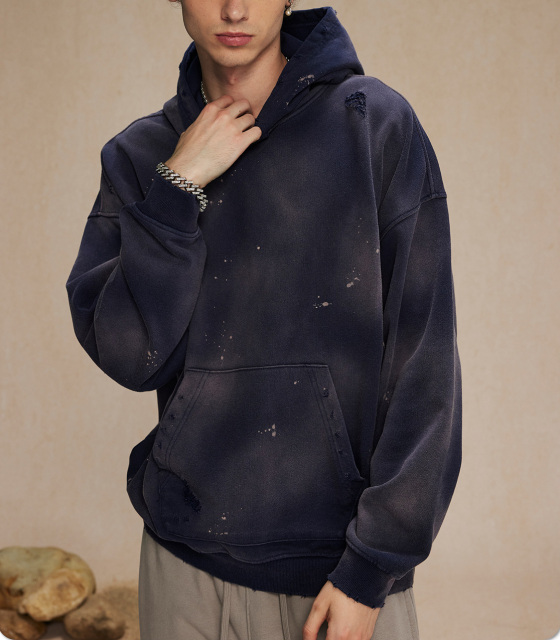 2024 autumn and winter new 450g spray dye splash-ink hole to do old hoodie men street fashion vintage couple hoodie