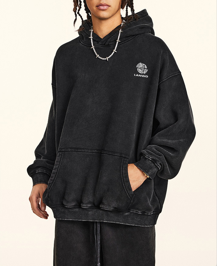 2024 Autumn and winter loose plus fleece thick washed hoodie trend sports hoodie men