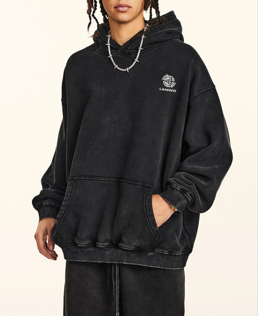 2024 Autumn and winter loose plus fleece thick washed hoodie trend sports hoodie men