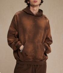 2024 autumn and winter new 450g spray dye splash-ink hole to do old hoodie men street fashion vintage couple hoodie