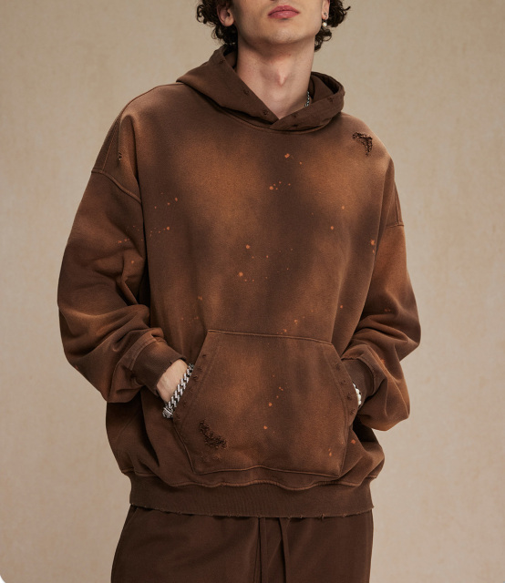 2024 autumn and winter new 450g spray dye splash-ink hole to do old hoodie men street fashion vintage couple hoodie