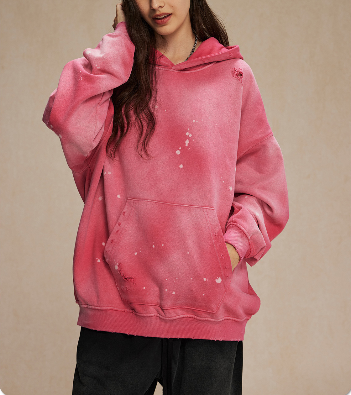 2024 autumn and winter new 450g spray dye splash-ink hole to do old hoodie men street fashion vintage couple hoodie