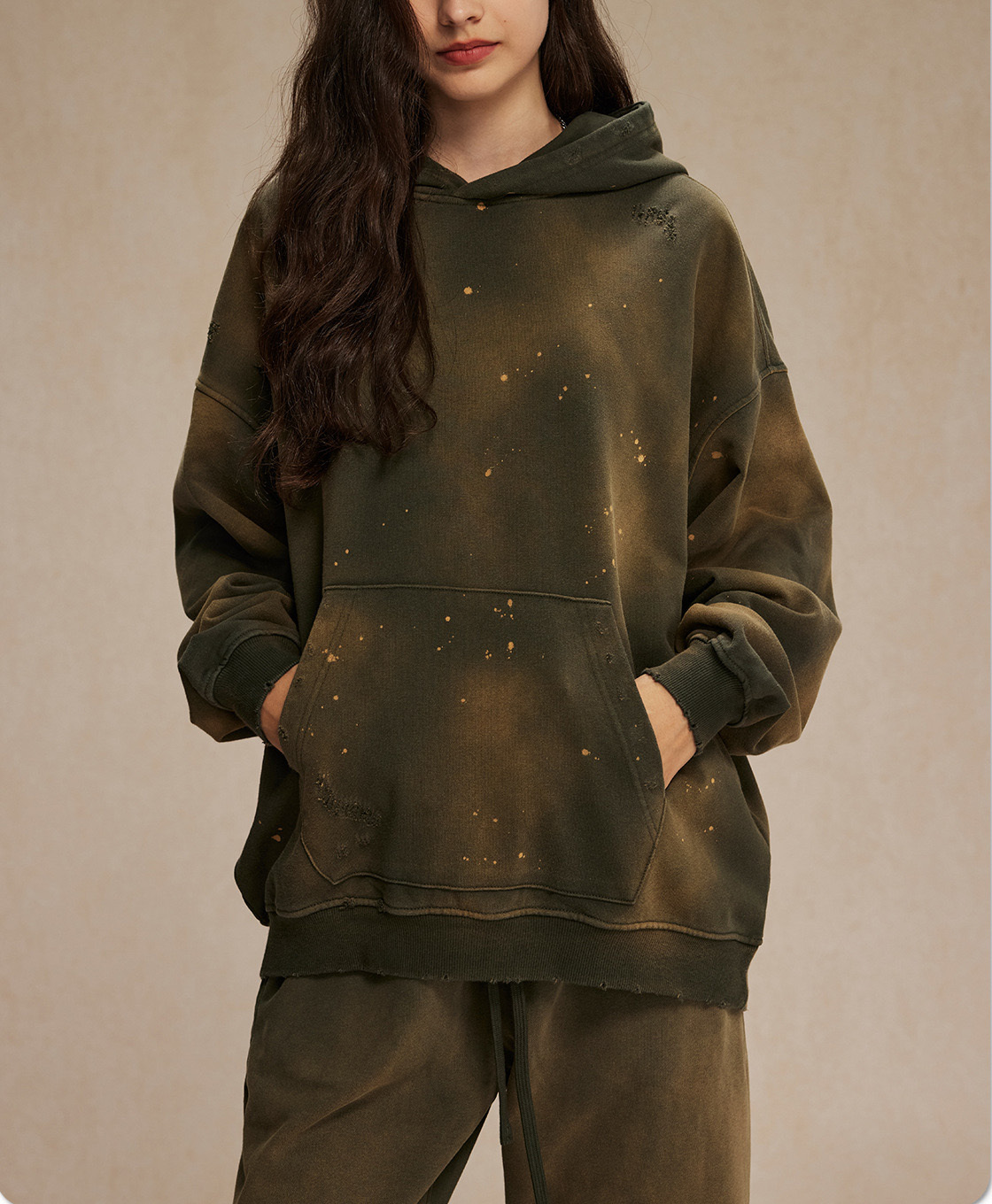 2024 autumn and winter new 450g spray dye splash-ink hole to do old hoodie men street fashion vintage couple hoodie