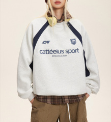 Heavy round neck hoodie women's fashion Spring and autumn American color patchwork design sense of casual pullover top