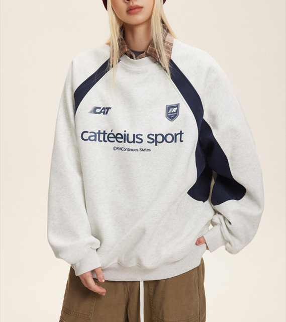 Heavy round neck hoodie women's fashion Spring and autumn American color patchwork design sense of casual pullover top