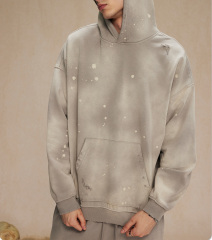 2024 autumn and winter new 450g spray dye splash-ink hole to do old hoodie men street fashion vintage couple hoodie