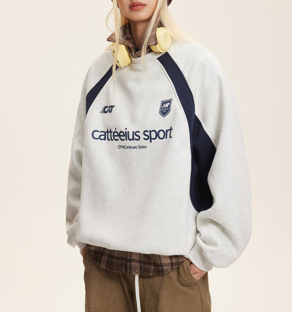 Heavy round neck hoodie women's fashion Spring and autumn American color patchwork design sense of casual pullover top