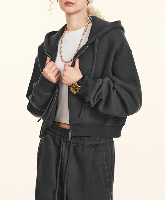 2024 Autumn Europe and the United States retro solid color hoodie zipper jacket loose short Spice hoodie