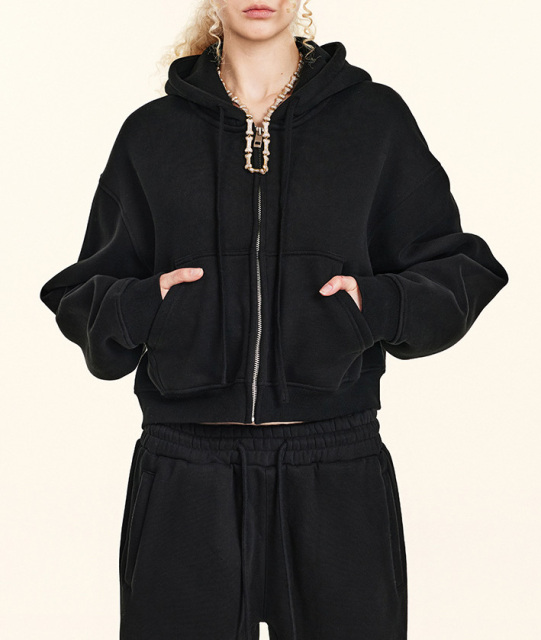 2024 Autumn Europe and the United States retro solid color hoodie zipper jacket loose short Spice hoodie