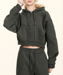 2024 Autumn Europe and the United States retro solid color hoodie zipper jacket loose short Spice hoodie