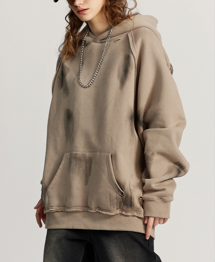 2024 autumn and winter heavy water cut shoulder hoodie plus fleece hoodie American fashion couple hoodie