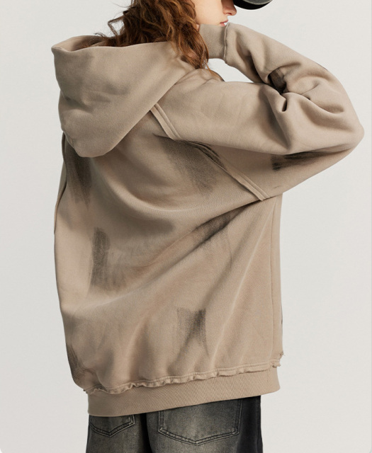 2024 autumn and winter heavy water cut shoulder hoodie plus fleece hoodie American fashion couple hoodie