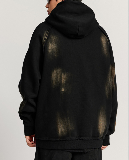 2024 autumn and winter heavy water cut shoulder hoodie plus fleece hoodie American fashion couple hoodie