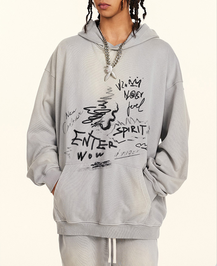 Men's Fall/Winter 2024 American fashion Graffiti niche buyer shop wool circle loose hoodie men
