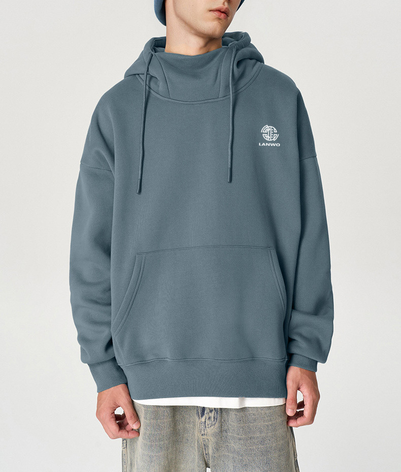 Men's _350g plus fleece windproof collar hoodie 2024 new fashion brand loose half high neck hooded top