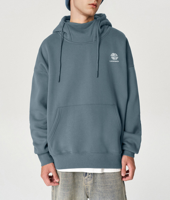 Men's _350g plus fleece windproof collar hoodie 2024 new fashion brand loose half high neck hooded top