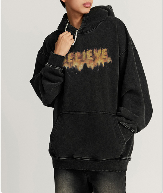 2024 autumn retro street flame LOGO trend hoodie wash long sleeve hoodie men tide