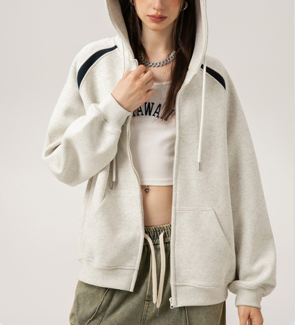 Autumn and winter American retro sleeved hooded cardigan hoodie trend brand simple loose casual couple coat