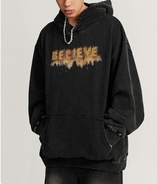 2024 autumn retro street flame LOGO trend hoodie wash long sleeve hoodie men tide