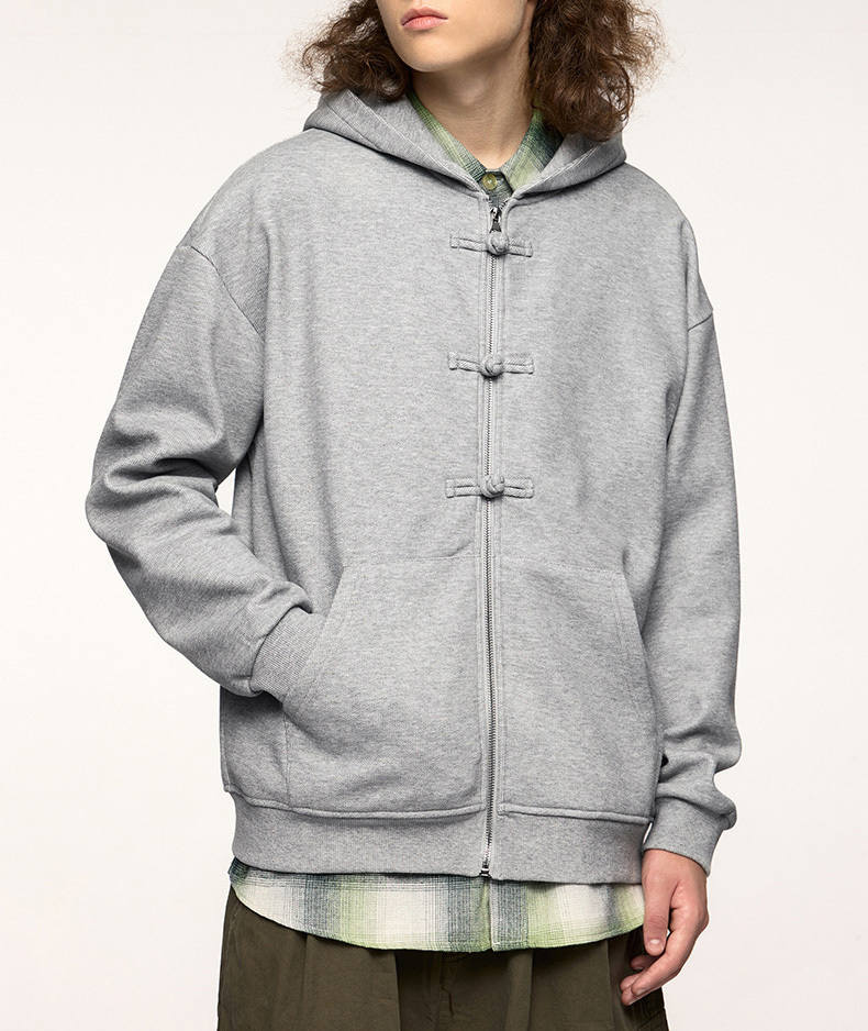 Men's 410g new Chinese fleece zipper hoodie in autumn and winter 2024 new disc buckle coat top