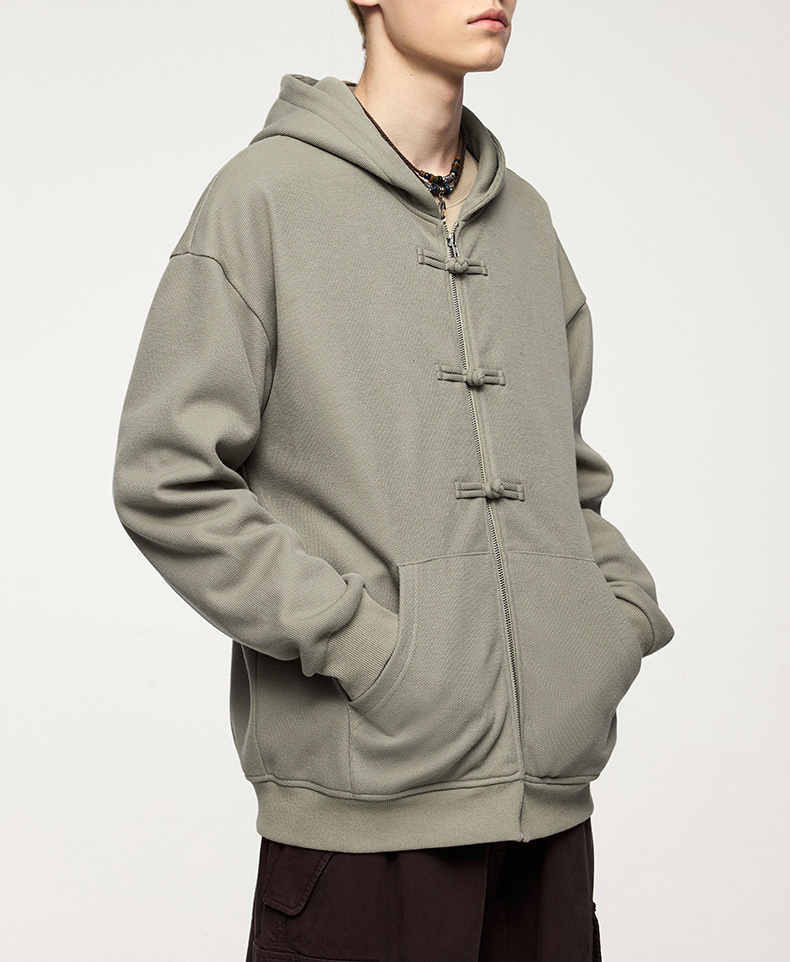 Men's 410g new Chinese fleece zipper hoodie in autumn and winter 2024 new disc buckle coat top