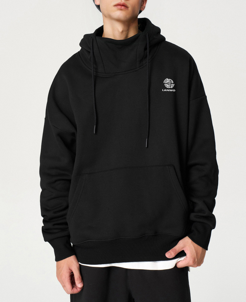 Men's _350g plus fleece windproof collar hoodie 2024 new fashion brand loose half high neck hooded top