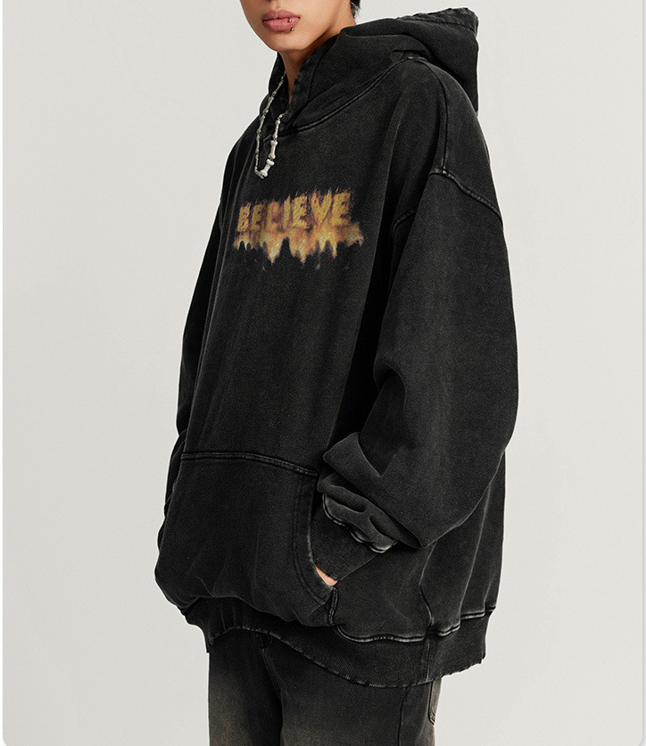2024 autumn retro street flame LOGO trend hoodie wash long sleeve hoodie men tide