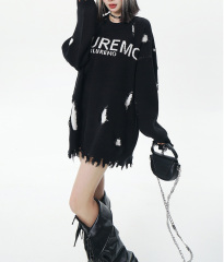 2024 Autumn and winter American street tide heavy letter jacquard crewneck sweater senior sense hole jumper sweater couple