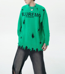 2024 Autumn and winter American street tide heavy letter jacquard crewneck sweater senior sense hole jumper sweater couple