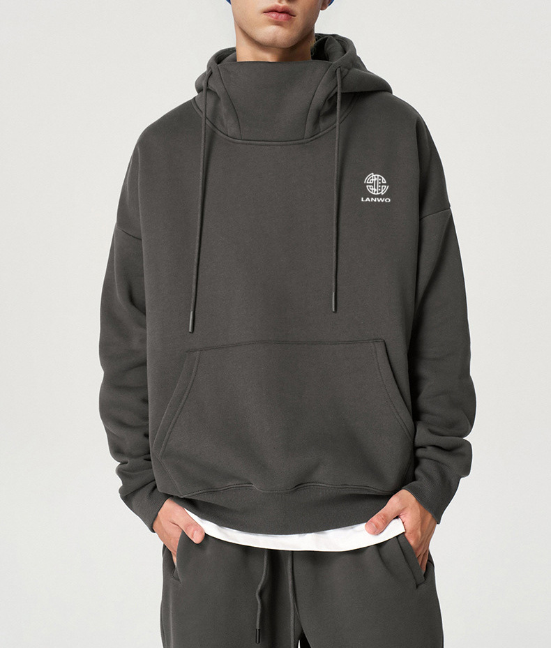 Men's _350g plus fleece windproof collar hoodie 2024 new fashion brand loose half high neck hooded top