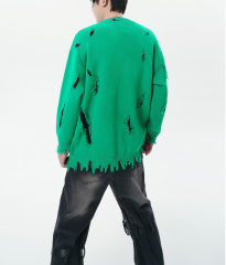 2024 Autumn and winter American street tide heavy letter jacquard crewneck sweater senior sense hole jumper sweater couple