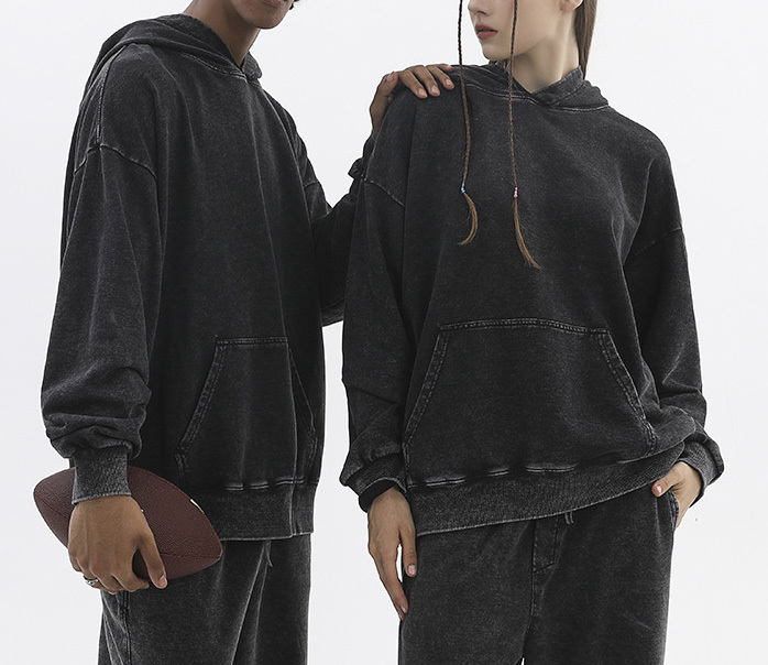 350g80 cotton made old hoodie Plus size off shoulder vintage washed large wool hoodie oversize couple hoodie