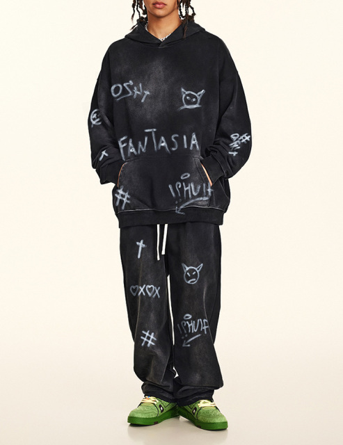 2024 fall American street hip-hop hand-painted graffiti sports pants men's casual sweatshirt sweatpants set