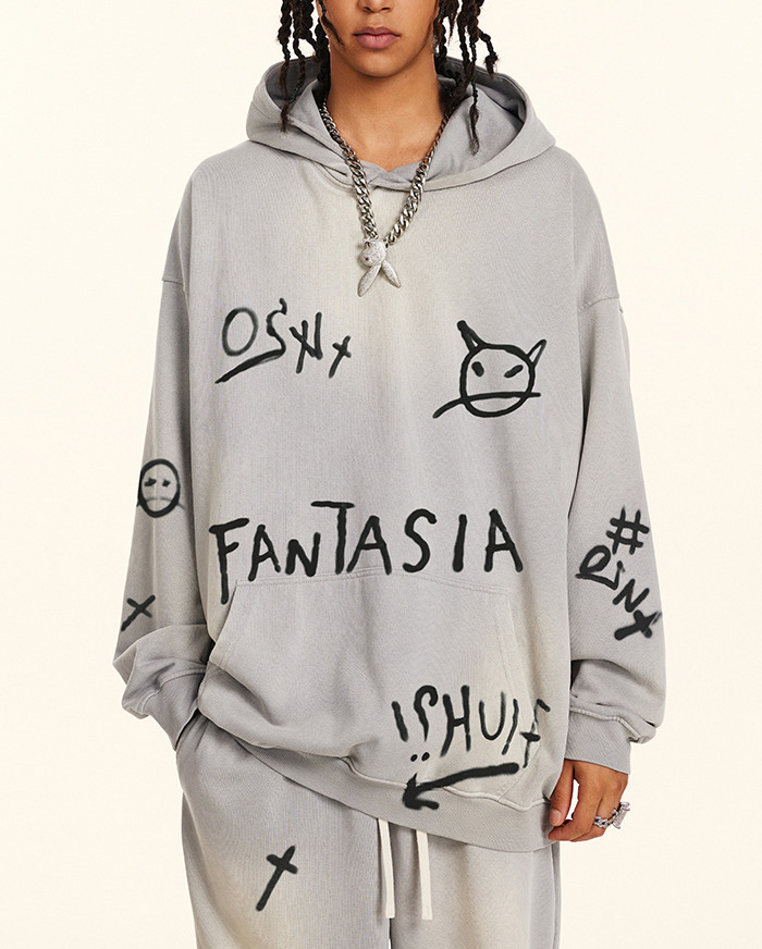 2024 fall American street hip-hop hand-painted graffiti sports pants men's casual sweatshirt sweatpants set