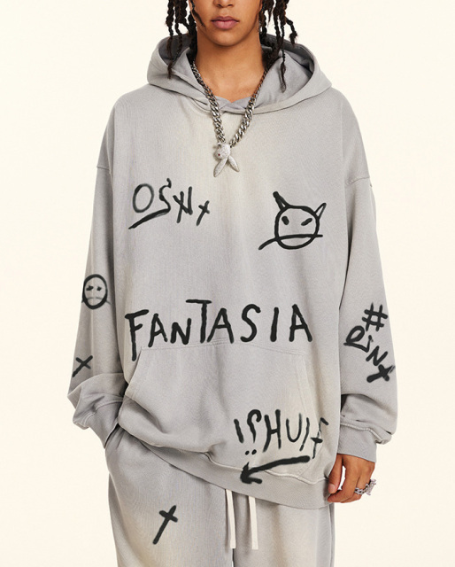 2024 fall American street hip-hop hand-painted graffiti sports pants men's casual sweatshirt sweatpants set