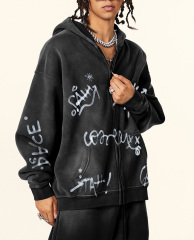 Autumn winter graffiti hand-painted full of Inca velvet hooded cardigan hoodie loose zipper coat for men