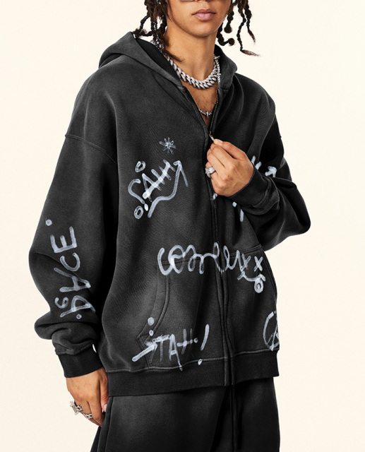Autumn winter graffiti hand-painted full of Inca velvet hooded cardigan hoodie loose zipper coat for men