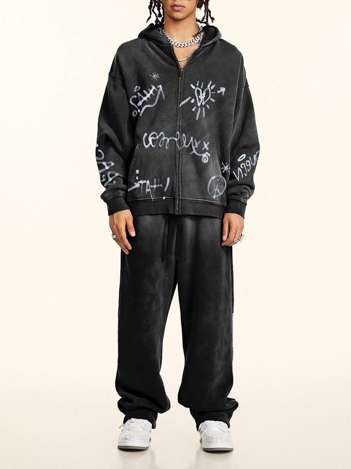 Autumn winter graffiti hand-painted full of Inca velvet hooded cardigan hoodie loose zipper coat for men