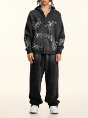 Autumn winter graffiti hand-painted full of Inca velvet hooded cardigan hoodie loose zipper coat for men