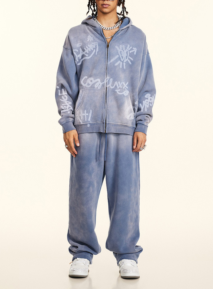 Autumn winter graffiti hand-painted full of Inca velvet hooded cardigan hoodie loose zipper coat for men