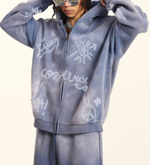 Autumn winter graffiti hand-painted full of Inca velvet hooded cardigan hoodie loose zipper coat for men