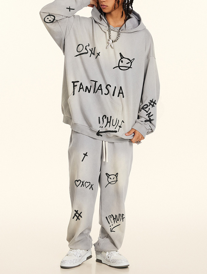 2024 fall American street hip-hop hand-painted graffiti sports pants men's casual sweatshirt sweatpants set