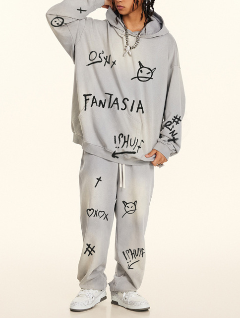 2024 fall American street hip-hop hand-painted graffiti sports pants men's casual sweatshirt sweatpants set