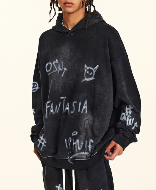 2024 fall American street hip-hop hand-painted graffiti sports pants men's casual sweatshirt sweatpants set