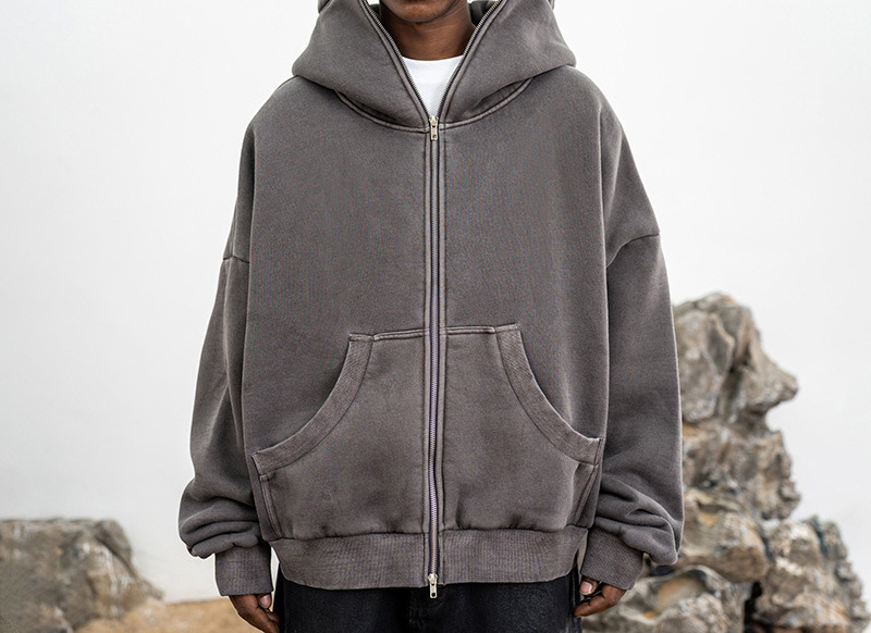 Men's 2023 autumn/winter new High street ninja mask washed to make old solid color cardigan zipper hoodie