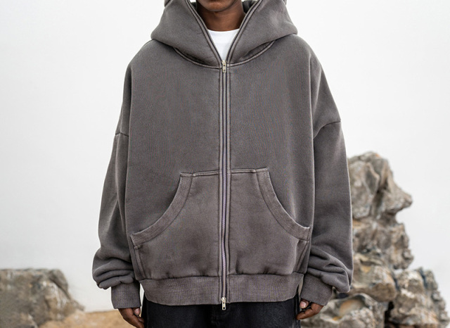 Men's 2023 autumn/winter new High street ninja mask washed to make old solid color cardigan zipper hoodie