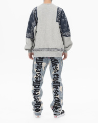 2024 Autumn and winter new fashion brand Japanese vintage cashew flower splicing and fleece round neck hoodie men loose